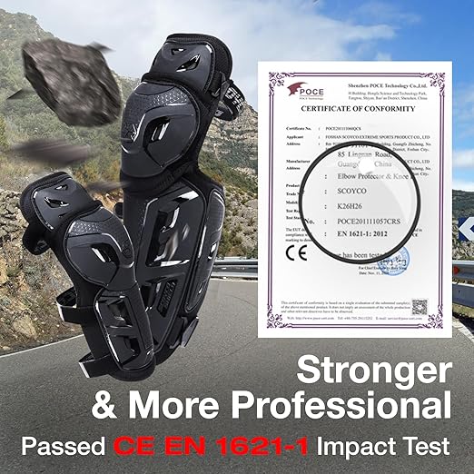 SCOYCO Motorcycle Knee Pads for Men - CE Level 1 Motocross Knee and Elbow Guards Protective Gear Armor with 45°-180° Knee Flexibility Design Adjustable Elastic Band
