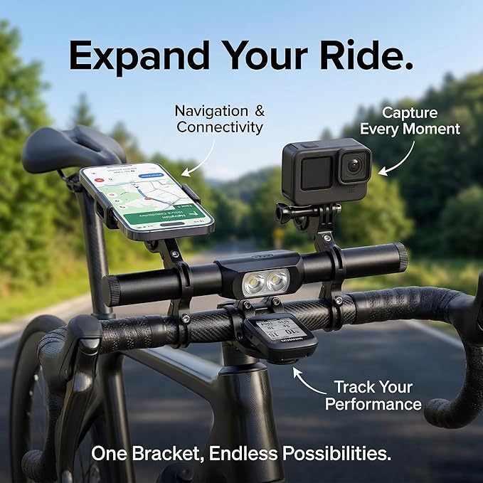 Redcomet Bike Handlebar Extender with Rechargeable Headlight, 800 Lumens USB Bike Light, 9.05" Aluminum Alloy Waterproof Bicycle Extension Bracket Accessories for Bicycle, E-Scooter