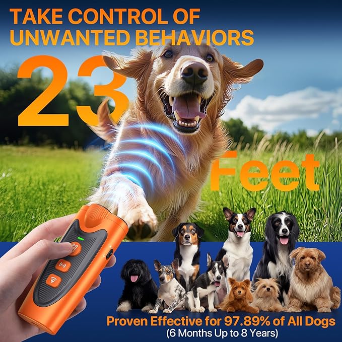 Dog Bark Deterrent Device, 3X Ultrasonic Anti Barking Device for Dogs, 6 Training Modes & 23 FT Range Stop Neighbors Dog Barks, Portable Dog Training Tool with Flashlight Indoor Outdoor Use, Orange