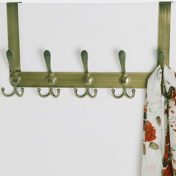 SKOLOO Over The Door Hook - for Doors up to 1-3/4'' Thickness, Pack of 2, Metal Door Hanger with 5 Triple Hooks, Bronze Over The Door Hanger for Coats, Hats,Towels, Assembly Required