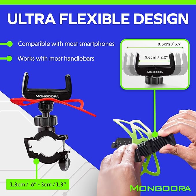 Bike & Motorcycle Phone Mount - GPS Cell Phone Holder for Bicycle Handlebar - Easy to Install Bike Accessories Fits iPhone, Galaxy, Android - Stocking Stuffers - 3 Bands (Black, Red, Green)
