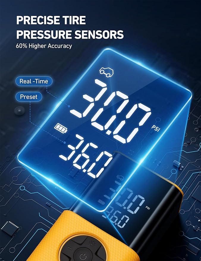 AstroAI Tire Inflator L7S Portable Air Compressor Cordless Bike Air Pump with Digital Dual Values Display, 150 PSI Car Tires Pump with LED Lights Air Pump for Auto, Motorcycles, Bikes, Balls Yellow