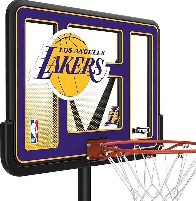 Lifetime NBA Los Angeles Lakers Portable Basketball Hoop, Adjustable Height 7.5-10 Ft, 44 Inch Shatterproof Fusion Backboard, Base with Wheels