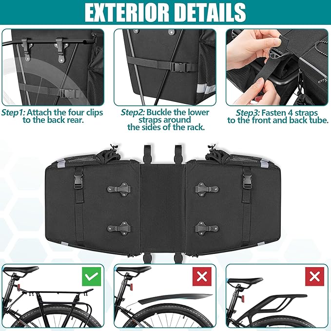 Marscamd 50L Bike Panniers with a Rain Cover, Bike Saddle Bag with Expandable Compartment and Multiple Pockets, Black