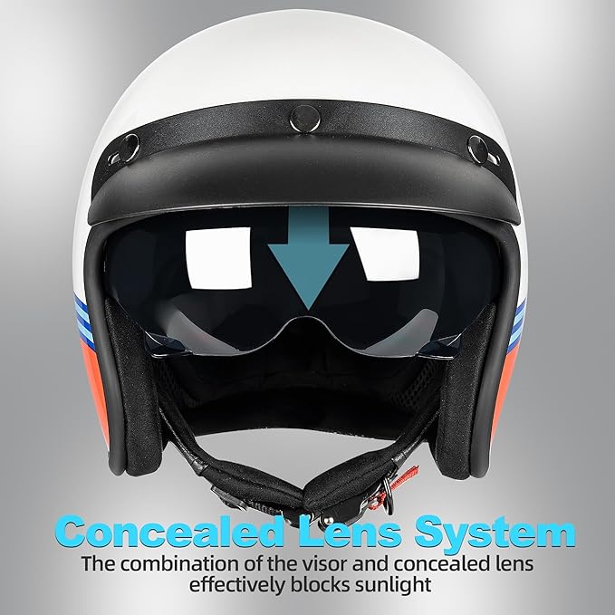 Yesmotor 3/4 Open Face Retro Motorcycle Helmet Vintage Helmet for Motorbike Casco, Moped, Cruiser, Bobber, and Chopper - DOT Approved(Red and Blue Stripes,2XL)