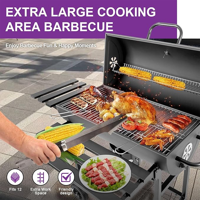 Charcoal BBQ Grill with Thermometer & Foldable Side Table, 565 sq in Cooking Space Large Charcoal Grills, Barrel Charcoal Grills for Backyards Picnic Cookouts