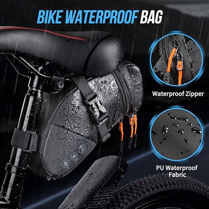 WOTOW Bike Saddle Bag - Waterproof Bike Seat Bag Expandable to 2L - Reflective Bicycle Under Seat Storage Pouch for Road Mountain Bike Cycling Travel