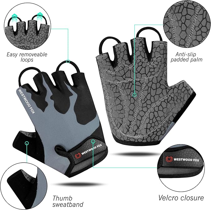 WESTWOOD FOX Cycling Gloves Half Finger Unisex Padded Grips Palm Bicycle Summer MTB Bike Gloves for Men Women Non-Slip Fingerless Short Mountain Bike Sports Hiking Climbing Gym