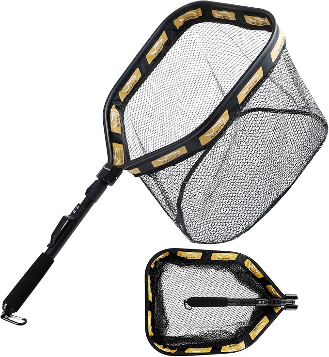 PLUSINNO Floating Fishing Net for Steelhead, Salmon, Fly, Kayak, Catfish, Bass, Trout Fishing, Rubber Coated Foldable Landing Net with Fixed or Telescoping Pole Handle, Fishing Gear and Gifts for Men