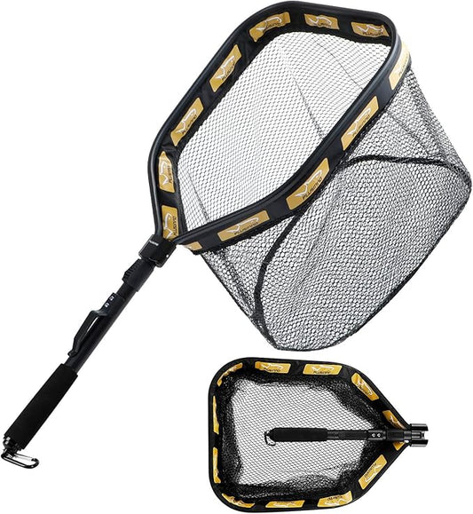 PLUSINNO Floating Fishing Net for Steelhead, Salmon, Fly, Kayak, Catfish, Bass, Trout Fishing, Rubber Coated Foldable Landing Net with Fixed or Telescoping Pole Handle, Fishing Gear and Gifts for Men