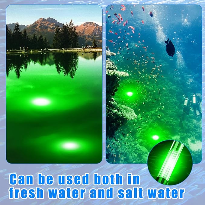 Geelin 2 Pcs 12v 10w Green Underwater Fishing Light Submersible Lure Bait LED Fishing Attracting Light Night Green Glow Finder Lamp for Pool Boat Sea Ice Crappie Squid Shad Shrimp