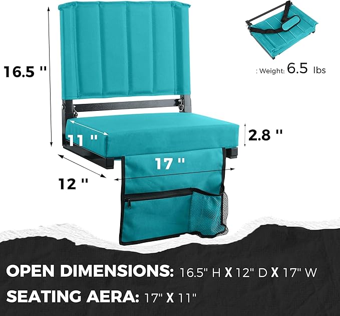 SPORT BEATS Stadium Seats with Back Support Bleacher Chairs with Back and Cushion Thick Padded Bleacher Seats Includes Shoulder Strap Cyan 1pc Standard