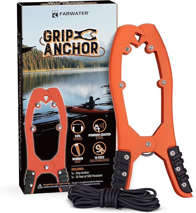 Canoe Anchor Grip - Boat, Float Tube & Kayak Fishing Accessories, Kayaking Equipment - Brush Clamp Anchor with Teeth - Gripper with 15ft Paracord - Rubber Grips - Coated Steel -