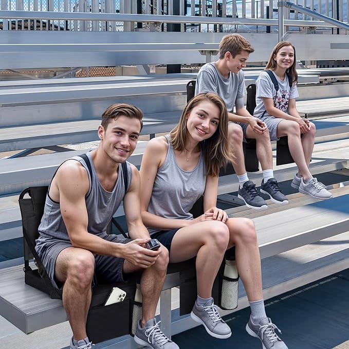 Stadium Seats for Bleachers with Back Support Bleacher Seat Soft Cushion Light Weight Includes Shoulder Strap & Cup Holder, Front & Back Zipper Pocket, Suitable for Sports Events,Black