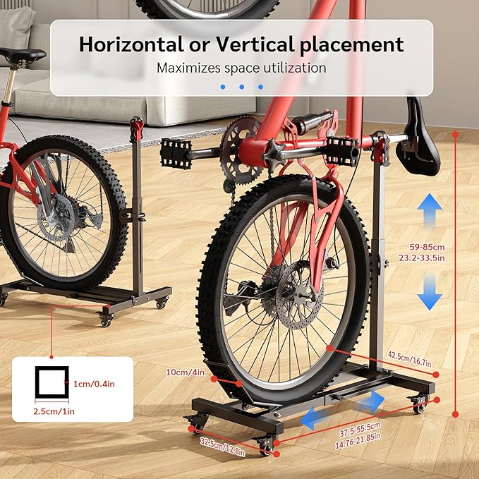 Bike Floor Stand Indoor Bike Stand for Garage/Home,Adjustable Bicycle Parking Stand Fit for 16"-29" Wheel Mini/Mountain/Road Bikes Heavy Duty Metal (Height-adjustable with wheels)