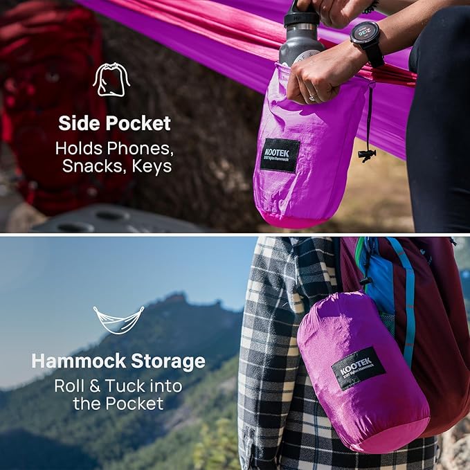 Kootekキャンプハンモック、ツリーストラップと一体型キャリーバッグ付きポータブルハンモック、キャンプ必需品、屋外・屋内でのハイキング、ビーチ、バックパック旅行に最適