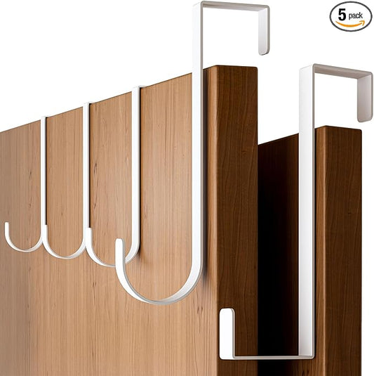 Over the Door Hooks 5 Pack - White Coat Hanger x 4 & 2-Sided Wreath Hanger x 1 Set, Towel Holder for Door Width up to 1 3/8", Hooks for Hanging with Anti-Scratch Pads & Removable Non-Slip Dots