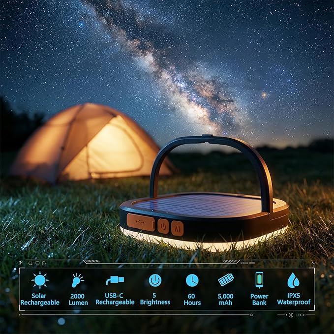 LED Camping Lantern, 2Pack Solar Lanterns, 5000mAh Rechargeable Light 2000 Lumens 5 Light Modes, IP65 Waterproof with USB Charging – Lanterns for Power outages Hurricane, Hiking, Fish, Emergency