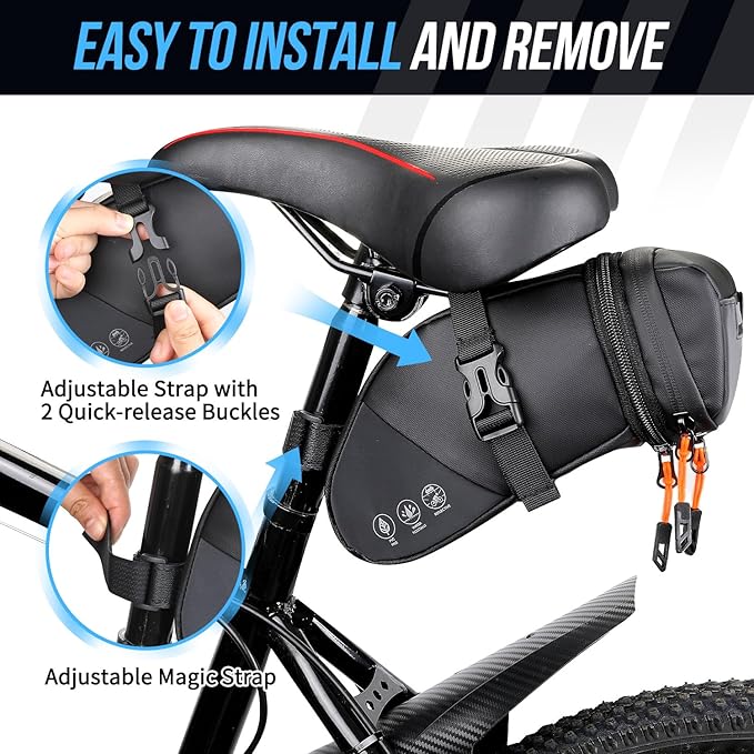 WOTOW Bike Saddle Bag - Waterproof Bike Seat Bag Expandable to 2L - Reflective Bicycle Under Seat Storage Pouch for Road Mountain Bike Cycling Travel