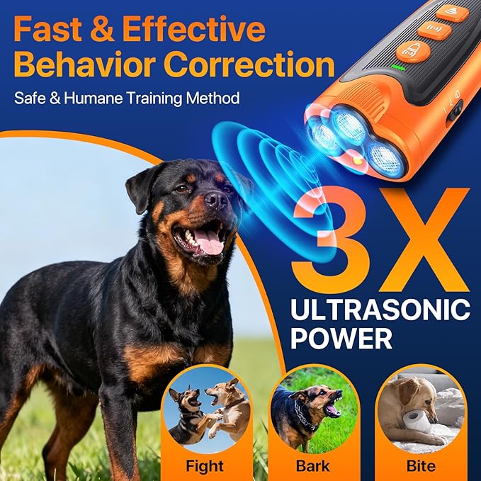 Dog Bark Deterrent Device, 3X Ultrasonic Anti Barking Device for Dogs, 6 Training Modes & 23 FT Range Stop Neighbors Dog Barks, Portable Dog Training Tool with Flashlight Indoor Outdoor Use, Orange