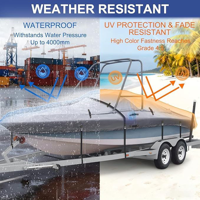 Ski & Wakeboard Tower Boat Cover 20-22ft for Wake Tower, 900D Marine-Grade Heavy Duty Boat Cover with Reinforced Stitching, All-Season Waterproof Boat Wrap for Winter, Fits Up to 106" Beam