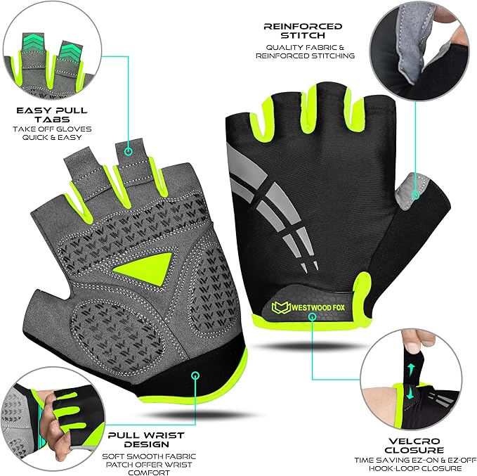 WESTWOOD FOX Cycling Gloves for Men Women,Half Finger Unisex Gel Padded Anti-Slip Mountain Bike Gloves, Breathable Shock Absorption Grip Palm Bicycle Summer Riding MTB Bike Gloves