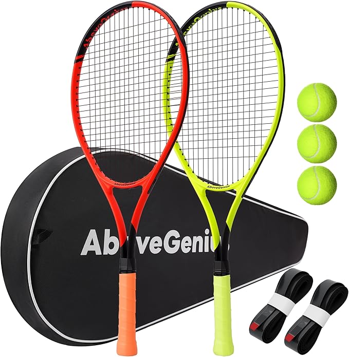 Neon Tennis Rackets 2 Pack for Adults- 27" Lightweight Aluminum Tennis Racquet Set with 3 Balls & Bag- Vibrant High-Visibility Matte Finish for Men Women Beginners