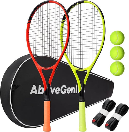 Neon Tennis Rackets 2 Pack for Adults- 27" Lightweight Aluminum Tennis Racquet Set with 3 Balls & Bag- Vibrant High-Visibility Matte Finish for Men Women Beginners