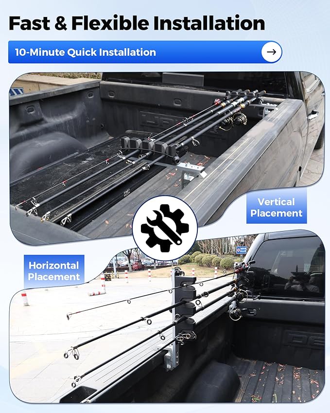 トラックの荷台用アルミニウム製釣り竿ホルダー、釣り竿4本収納可能、ピックアップトラックの荷台用釣り竿ホルダー、トラックオーナー、釣り、アウトドア、お父さん、家族へのギフト