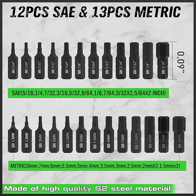 SWANLAKE 26-Piece Hex Head Allen Wrench Drill Bit Set, 1/4" Hex Shank Quick Change Bit Holder, Metric (1.5mm - 8mm) and SAE (5/64" - 5/16"), S2 Steel Hex Bits Set