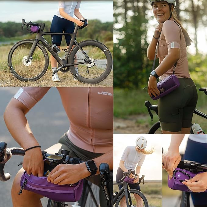 Lumiere & Co. Bike Handlebar Bag - Durable, Multiple Size and Color Options - Dual Elastic Straps, Clips & Hook-and-Loop for Customizable Fit (Purple, Medium)