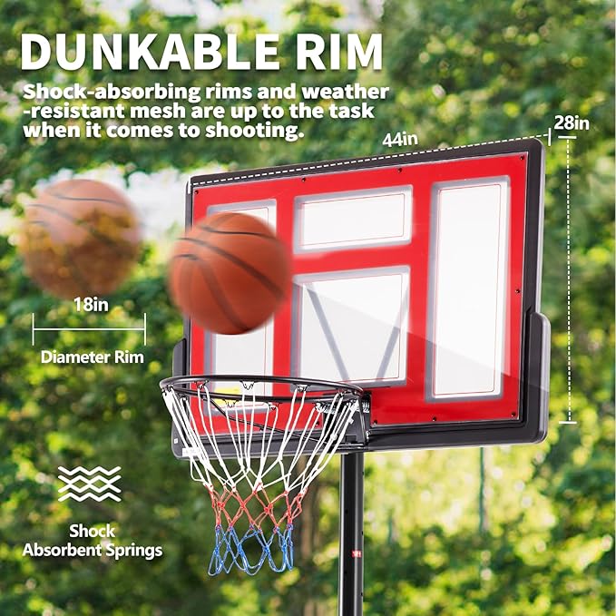 DUMOS 10FT Adjustable Height Portable Basketball Hoop Outdoor for Adult, 44 Inch Shatterproof Backboard w/Shock Absorbent Rim, Fillable Base, 2 Wheels for Swimming Pool/Indoor