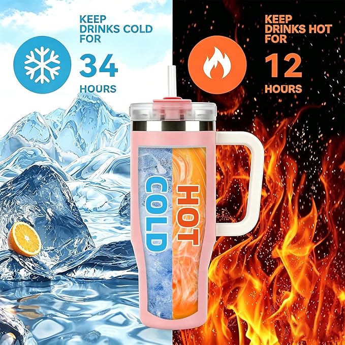 TYESO Vacuum Insulated Tumbler Water Bottle Cold Insulation Stainless Steel Bottle Straw Handle Mug Double Wall Wide Mouth (PINK, 40 oz)