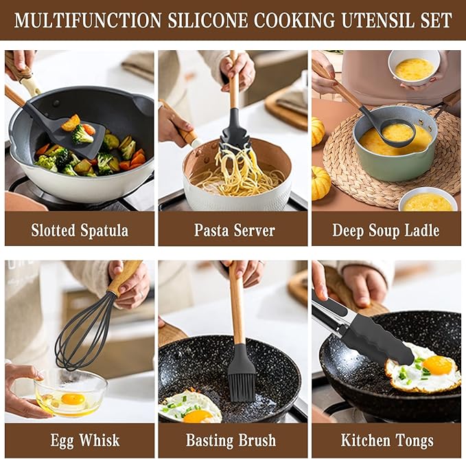 Umite Chef キッチン調理器具33点セット、ノンスティックシリコンヘラセット、ホルダー付き、木製ハンドル、耐熱調理器具（グレー）