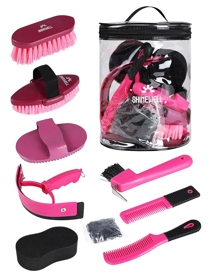 Shinewell Horse Grooming Kit, Complete Horse Brush Set, Equine Grooming Tools for Shedding & Daily Care Pink