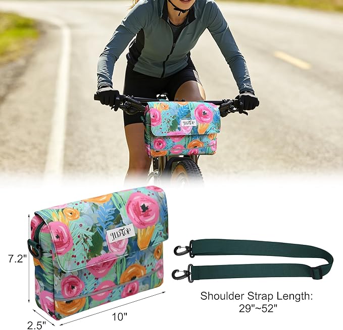 Bike Handlebar Bag, 2.9L Waterproof Bicycle Front Basket Bag with Reflective Strip, Convertible Shoulder Bag for Women, Floral Bike Pouch for Cycling Commuting Outdoor (Green Floral)