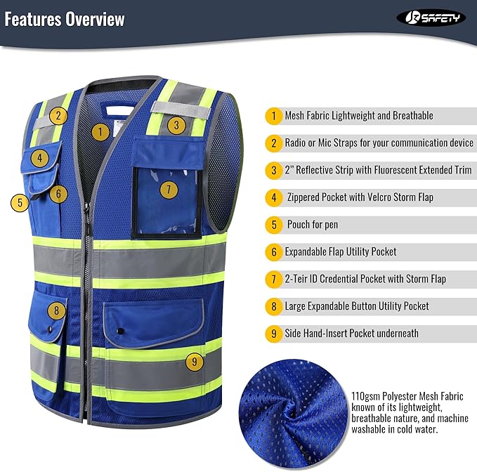 JKSafety 11 Pockets Hi-Vis Blue Mesh Safety Vest for Men Women High Visibility Reflective Construction with Zipper Work Utility PPE Work Gear ANSI/ISEA compliant (102-Blue 3XL)