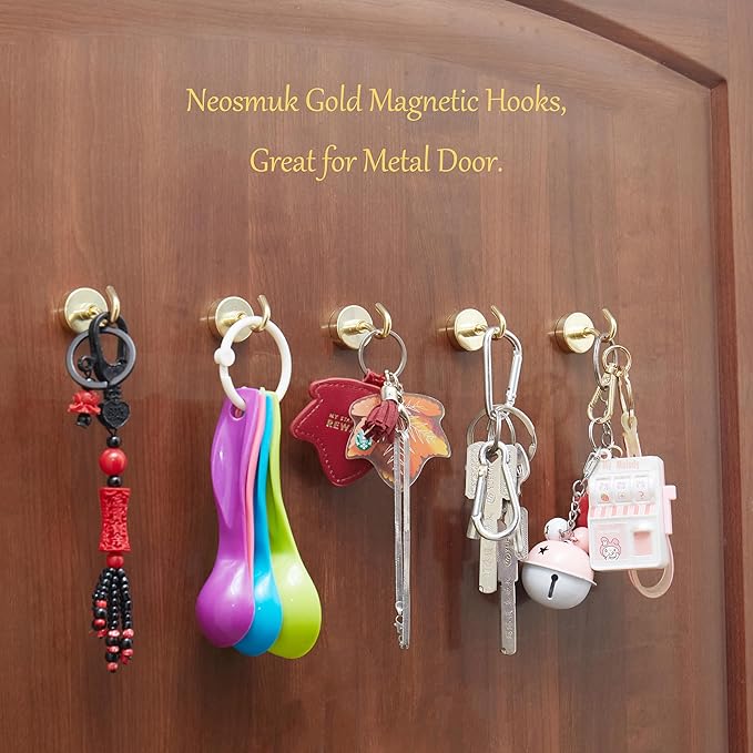 Neosmuk Magnetic Hooks, Heavy Duty 40lb+ Strong Magnet Hook for Cruise Cabins, Cruise Ship Essentials for Hanging, Metal Wall Refrigerator Hangers (Gold, 10 Pack)