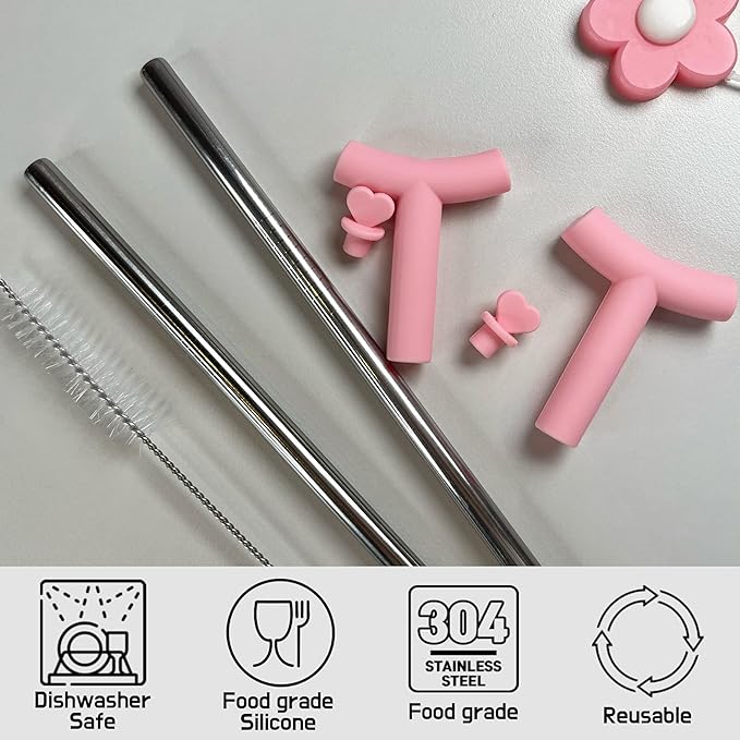 Anti Wrinkle Straw Pink Silicone Cover tips and heart Toppers for Stanley 40 oz & 30 oz Tumblers - Metal Straws Reusable Wrinkle Free Extra Long 2-Pack with Cleaning Brush