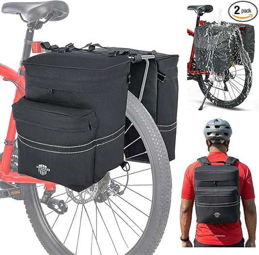 Nomad USA 34L Bicycle Saddlebags Pair XL 2-in-1 Bike Panniers Converts to Backpack Carry Bag Reflective Everyday Scooters Commuters Bike Rear Rack Bag w/Rain Cover for Students,City,Road,Mountains