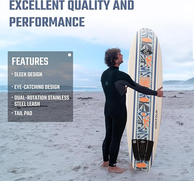 ビラボン x CONTOUR SURF 7ft/8ft ソフトトップフォームサーフボード 初心者向け 大人・子供用 軽量ショートボード サーフィン用 丈夫で安定、乗りやすくあらゆるレベルのサーファーに