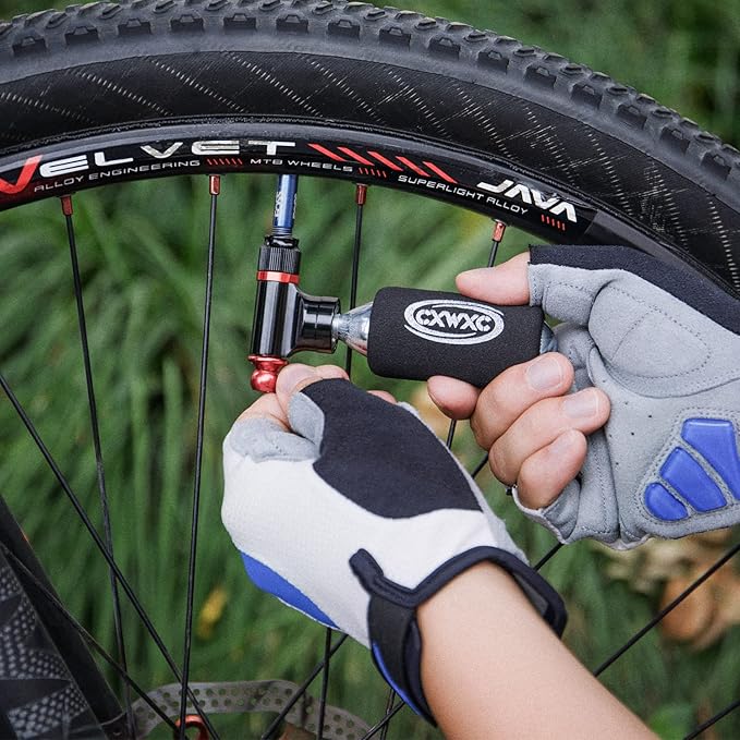 CO2 Inflator Kit with 5 X 16g CO2 Threaded Cartridges- Presta & Schrader Valve Compatible -Portable CO2 Bike Tire Pump Come with Glueles Repair Kit for Road & Mountain Bike