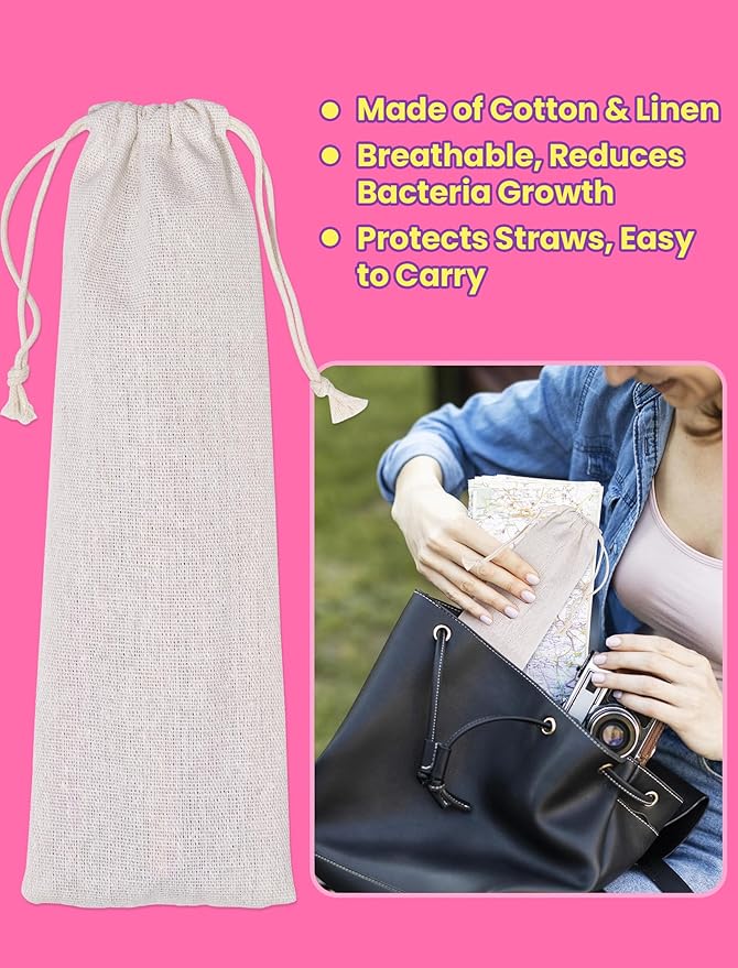 NiHome 6PCS Anti Wrinkle Straws with Silicone Widen Flat Tip Drinking Metal Straw, Fit for Stanley 20/30/40 oz Tumbler, Reusable Wrinkle Free Stainless Steel Long Straw, 2 Brushes & Carry Bag (Pink)