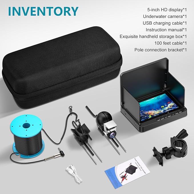 Underwater Fishing Camera, 5 Inch IPS LCD Screen Fishing Camera w/Infrared Night Vision, 6000mAh Ice Fishing Camera, Portable Fish Finder w/100ft Cable for Ice Lake Boat Kayak Fishing