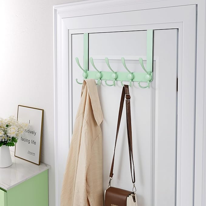Dseap Over The Door Hook Hanger - Fits 1 3/8" to 1 3/4" Standard Doors | 5 Tri Hooks Heavy Duty Towel/Coat Rack | Door Organizer for Clothes, Jackets, Hats, Towels, Green, Pack of 2