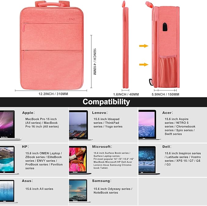 ZINZ Slim & Expandable Laptop Backpack 15 15.6 16 Inch Sleeve, Spill-Resistant Notebooks Bag Case for Most 14-16 Inch MacBooks Surface-Books Dell HP Asus Computers,P01K01