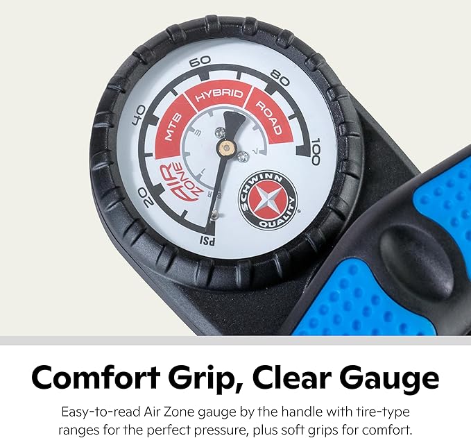 Schwinn Air Center Series or Basic Floor Pump, for a Range of Bikes, 100, 120 or 160 PSI, Soft Grip Handle, Dual Head for Schrader and Presta Valves, Manual Air Pump