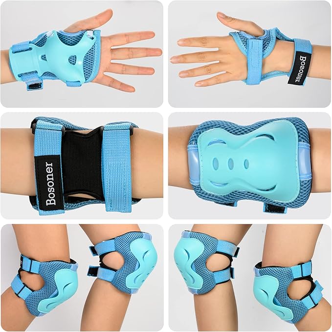 BOSONER Knee Pads for Kids Roller-Skating: Adjustable Protective Gear Set Knee Elbow Pads Wrist Guards for Bike Cycling Skateboarding Scooter Gifts 3-8 / 9-15 Years Boys Girls