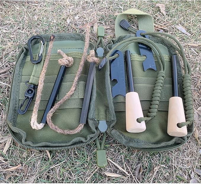 Fire Starter Survival Kit, Larger Ferro Rod with Striker Lanyard 3in Long Flint and Steel, 13.8in Wick Hemp Cord, Multifunctional Bag