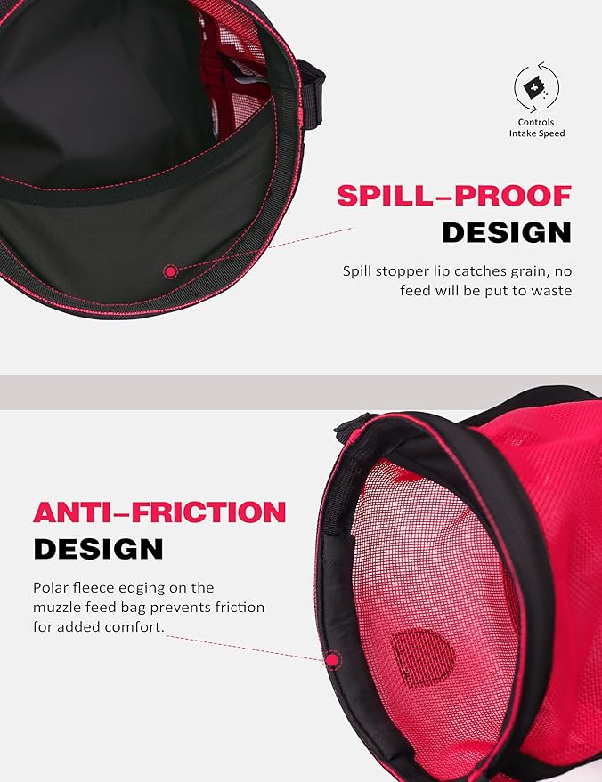 Harrison Howard Horse Muzzle Feed Bag Nylon Mesh Grain Feed Bag with Padded Neck Strap Adjustable Belt Pink Medium
